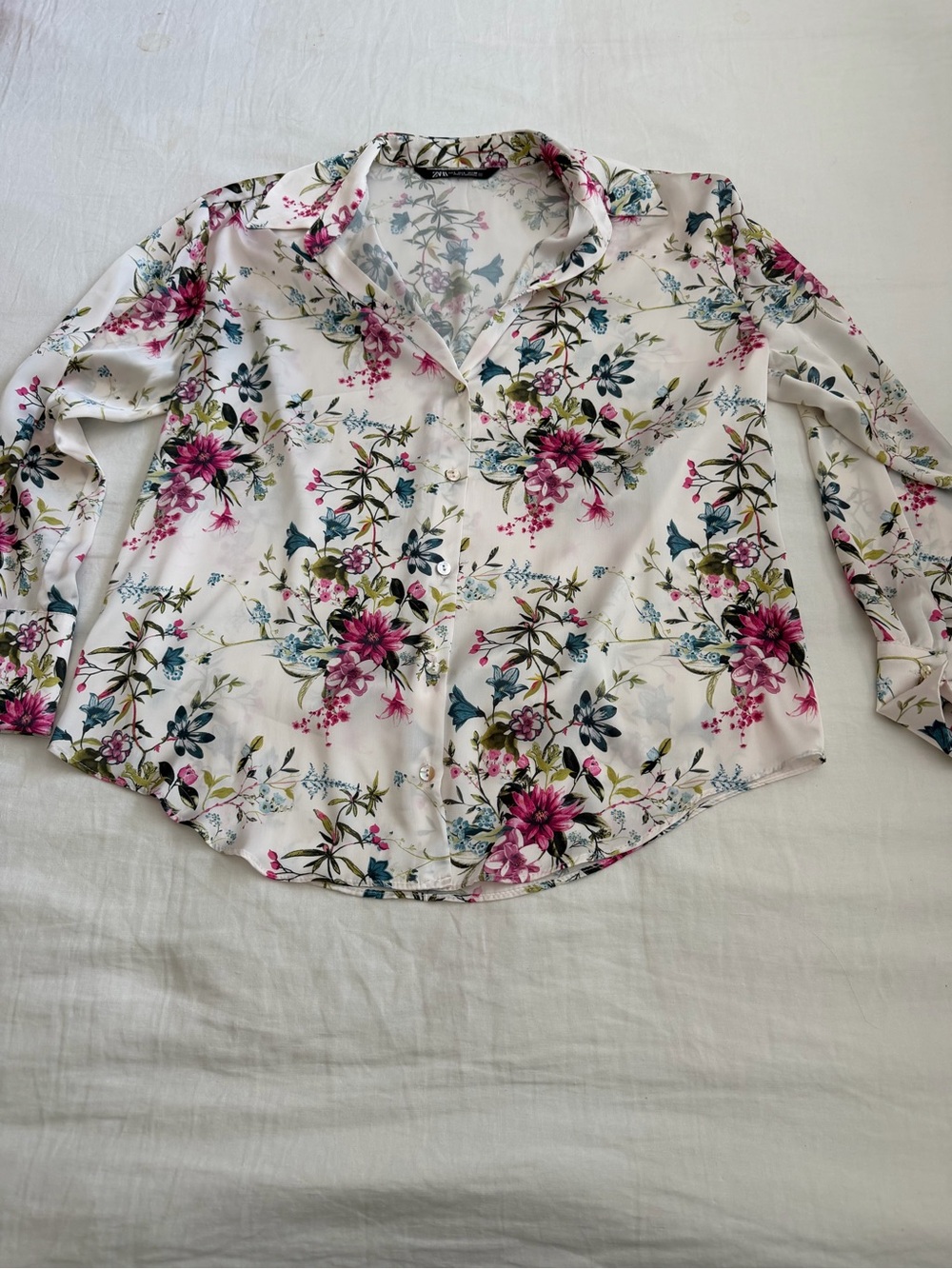 Zara White Floral Print Top with Pink & Teal Accents